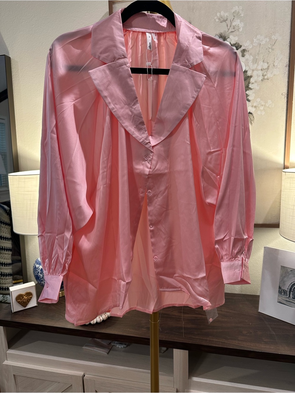 glam Pink Satin Button-Up Blouse